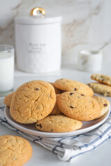 Homemade cookies with chocolate drops, on white background