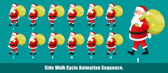Christmas Santa Claus Walk Cycle Animation, Loopable Walk cycle  anmamtion of Business Santa Claus, Santa Claus Walking With gifts animation sequence for animation, looping walk cycle animation frames