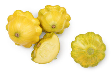 yellow pattypan squash isolated on white background. Top view with clipping path