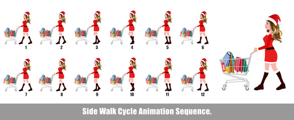 Christmas Santa Girl Walk Cycle Animation, Loopable Walk cycle  anmamtion of Business Santa Girl, Santa Girl Walking With gifts animation sequence for animation, looping walk cycle animation frames.