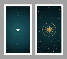Tarot back card on background of starry night sky and frame with stars