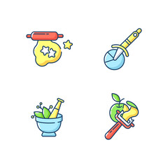 Kitchen utensils RGB color icons set. Cookie cutter. Dough for baking. Pizza wheel knife. Vegetable peeler. Mortar and pestle. Mic condiments. Household tools. Isolated vector illustrations
