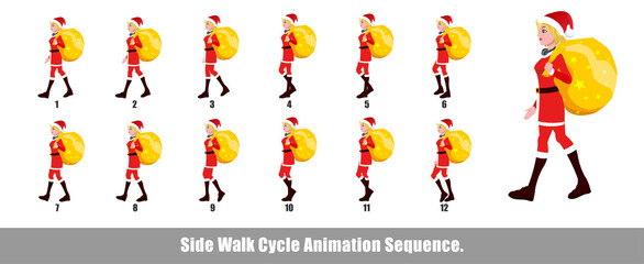Christmas Santa Girl Walk Cycle Animation, Loopable Walk cycle  anmamtion of Business Santa Girl, Santa Girl Walking With gifts animation sequence for animation, looping walk cycle animation frames.