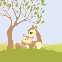 Vector illustration of beautiful and cute cartoon deers. New born Fawn with Mom. Character animal. Children's illustration