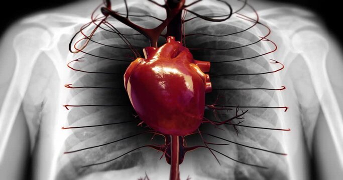 Close Up Healthy Human Human Heart Is Beating. X-Ray Skeleton. Coronary Circulation. Science And Health Related 3D Animation.