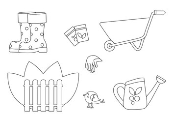 Set of garden wheelbarrow, fence and garden accessories. Coloring book for children. Garden supplies. Watering can next to the wheelbarrow and rubber boots. Gardening gloves for planting seeds