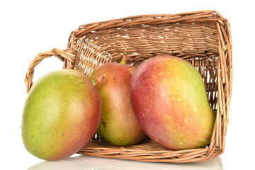 ripe organic mangoes, close-up, on a white background.