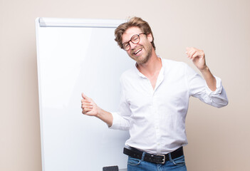 adult blonde businessman with a board