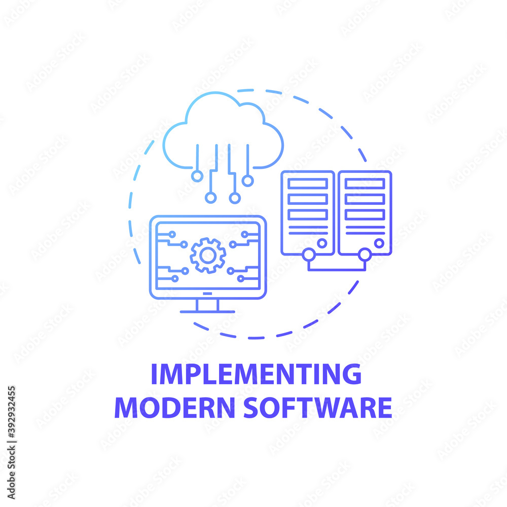 Poster implementing modern software concept icon. business consulting task idea thin line illustration. res