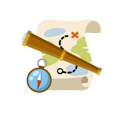 Treasure map. Pirate hidden treasure. Search for adventure and travel. Telescope and compass. Navigation and path. Flat cartoon icon