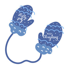 Gift with a red bow in the hands of blue mittens isolated. Merry Christmas and happy holidays.