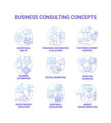 Business consulting concept icons set. Business challenges idea thin line RGB color illustrations. Advertising and PR. Poor strategy execution. Effective diagnosis. Vector isolated outline drawings