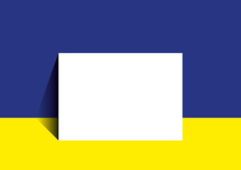 Eine weiße Fläche lehnt an einer farbigen Wand und steht auf farbigem Untergrund. Ein Mock-Up für ein DIN-Format im Querformat. Für Präsentationen oder als Raum für ein Design.