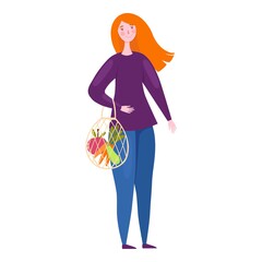 Cute vegan girl with products bag icon. Cartoon and flat of cute vegan girl with products bag vector icon for web design isolated on white background