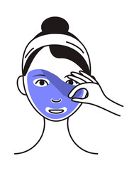 Facial mask sheet applying icon vector. Girl shows how to cleaning, whiting face and use cosmetic mask. Info-graphic in outline style illustration isolated
