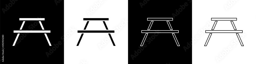 Poster Set Picnic table with benches on either side of the table icon isolated on black and white background. Vector.