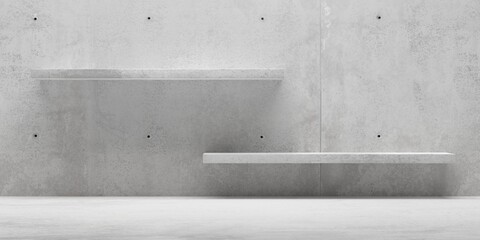 Abstract empty, modern concrete room with blank shelves on back wall - industrial interior product presentaion background template