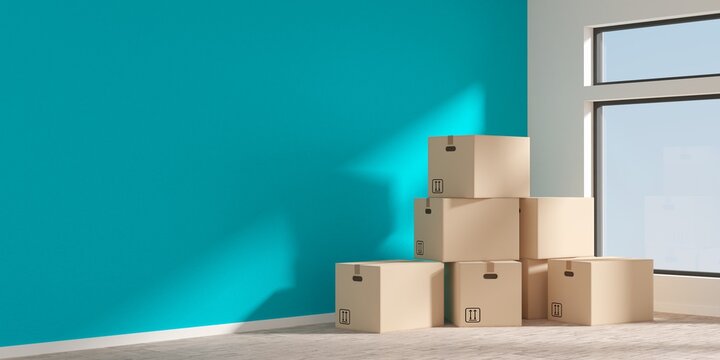 Brown Moving Storage Cardboard Boxes Stacked In Empty Room In Apartment Or House With Colorful Wall With Copy Space