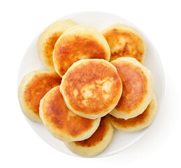 Fried cheese pancake in plate on white background, isolated. The view from top