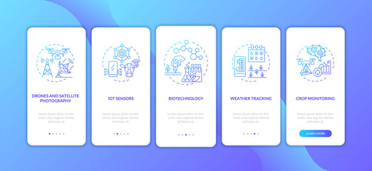 Innovative agriculture technology onboarding mobile app page screen with concepts. Biotechnology walkthrough 5 steps graphic instructions. UI vector template with RGB color illustrations