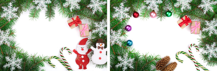 Christmas frame decorated isolated on white background with copy space for your text. Top view.