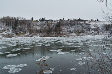 The North Saskatchewan River Freezing over during the Late Fall and Winter Season