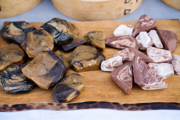 Handmade soap bars on the display