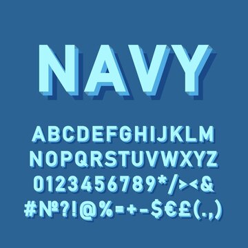 Navy vintage 3d vector alphabet set. Retro bold font, typeface. Pop art stylized lettering. Old school style letters, numbers, symbols pack. 90s, 80s creative typeset design template