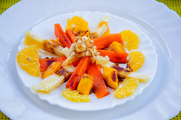 Papaya, banana, mango, pineapple, and orange. Traditional breakfast in Cuba