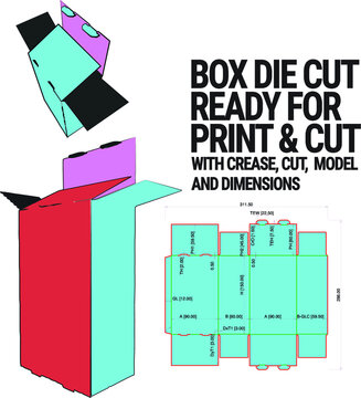 Box Die Cut Cube Template with 3D Preview organised with cut, crease, model and dimensions ready to cut and print and fully functional, Vector Draw Graphic Design dieline