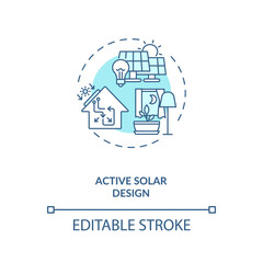 Active solar design blue concept icon. Renewable sustainable energy source. Electricity for house. Biophilia idea thin line illustration. Vector isolated outline RGB color drawing. Editable stroke