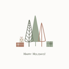 Christmas greeting card with abstract hand drawn Christmas trees, gifts and text Happy Holidays. Vector template for gift tag, calendar, planner, invitations, posters.