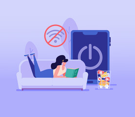 Woman lying on the sofa and reading a book. Concept of digital detox, disconnecting, mediastika, device free zone, internet addiction, no mobile phobia, phubbing. Vector illustration in flat design.
