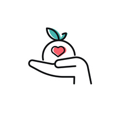 Obraz premium Food donation icon on white. Hand holding apple for donations. Vector black icon for volunteering, support for poor people, charity and food drive. Vector outline icon with editable stroke