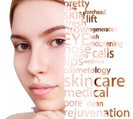 Beautiful young woman face with tag words. Beauty skincare concept.