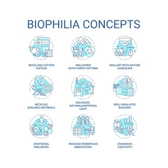 Biophilia blue concept icons set. Productivity in office. Emotional wellness. Indoor environment idea thin line RGB color illustrations. Vector isolated outline drawings. Editable stroke