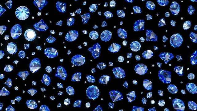 Falling blue topaz on a black background. Looping animation, 4k.