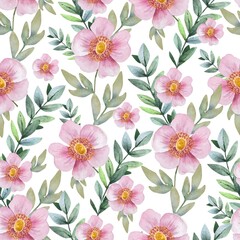 seamless pattern of delicate pink flowers with green branches watercolor illustration on a white background. hand painted for wedding invitations, decor and design