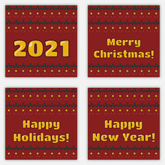 Set of new year greetings on ugly sweater background. Holly, stars. 2021 year