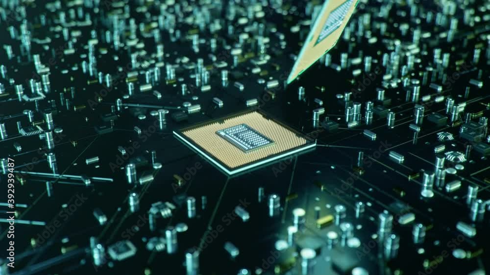 Poster technological background with cpu and circuit board. flying cpu and installation in center circuit b