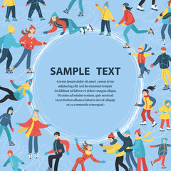 Vector cartoon background on the theme of figure skating, skating rink, hobby, entertainment. People ride on the rink. Colorful illustration for use in design