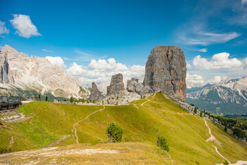 Fototapeta na wymiar Summer mountain alpine meadow landscape. Cinque Torri, Dolomites Alps, Italy