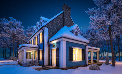 3d rendering of modern cozy classic house in colonial style with garage and pool for sale or rent with beautiful landscaping on background. Cool winter night with cozy light from windows.