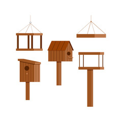Wooden birdhouse feeder icon set isolated on white background. Nesting box with hole and roof - spring time symbol. Flat design cartoon style starling house vector illustration.