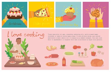 Young boy cooking pizza in kitchen at home. Coffee time, break and relaxation vector concept cards.