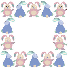 Naklejka premium Isolated vector illustration frame of cute cartoon pink and blue bunnies