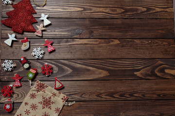 Merry Christmas. wooden background decorated with Christmas decorations.
