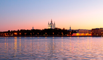 Fototapeta premium Smolny of the resurrection of Christ Cathedral in St. Petersburg during nights, Russia.