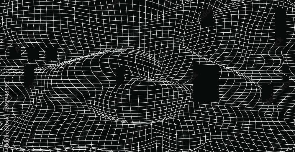 Poster Big data and complex information visualization concept. Glitched and distorted polygonal 3d surface, graph or map of mathematical function.