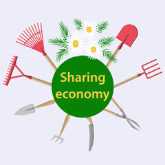 Garden tools. Shovel, pitchfork, rake, secateurs. Vector illustration. Design concept. Sharing Economy.